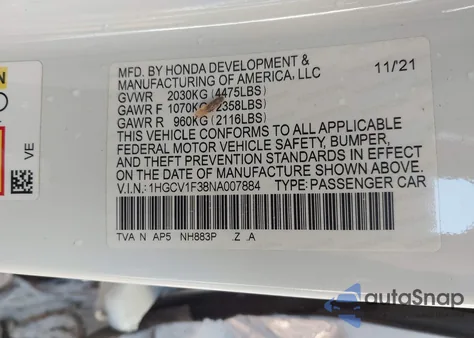 2022 Honda Accord Sport from USA, damaged, VIN 1HGCV1F38NA007884